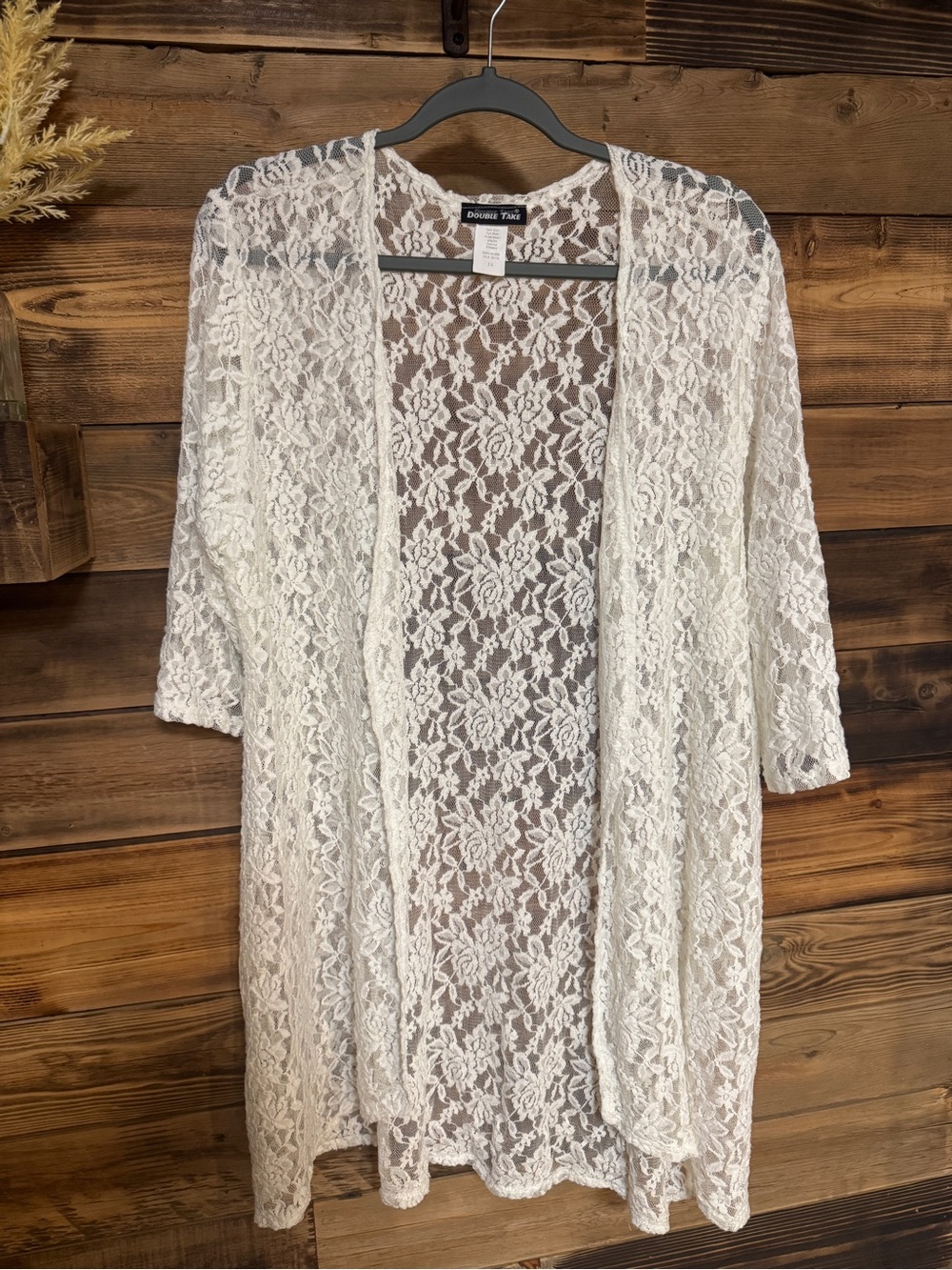 Double Take Size 2XL 16 White Floral Lace Open Cardigan Boho Duster